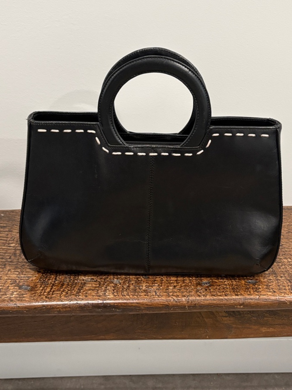 Vintage Black Leather Cutout Top Handle Handbag Y2K Contrast Stitch 13x8” - Picture 3 of 16